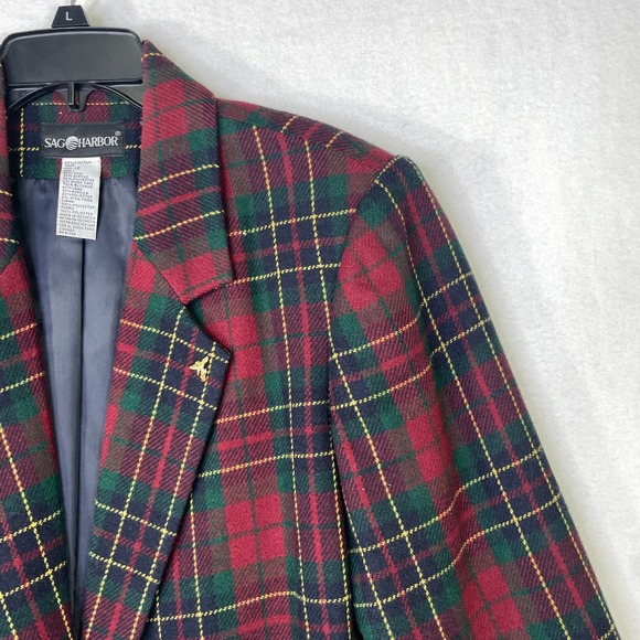Sag Harbor Womens Red Green Plaid Wool Blend Blazer Jacket Size 12 Style 3629 - Picture 7 of 11